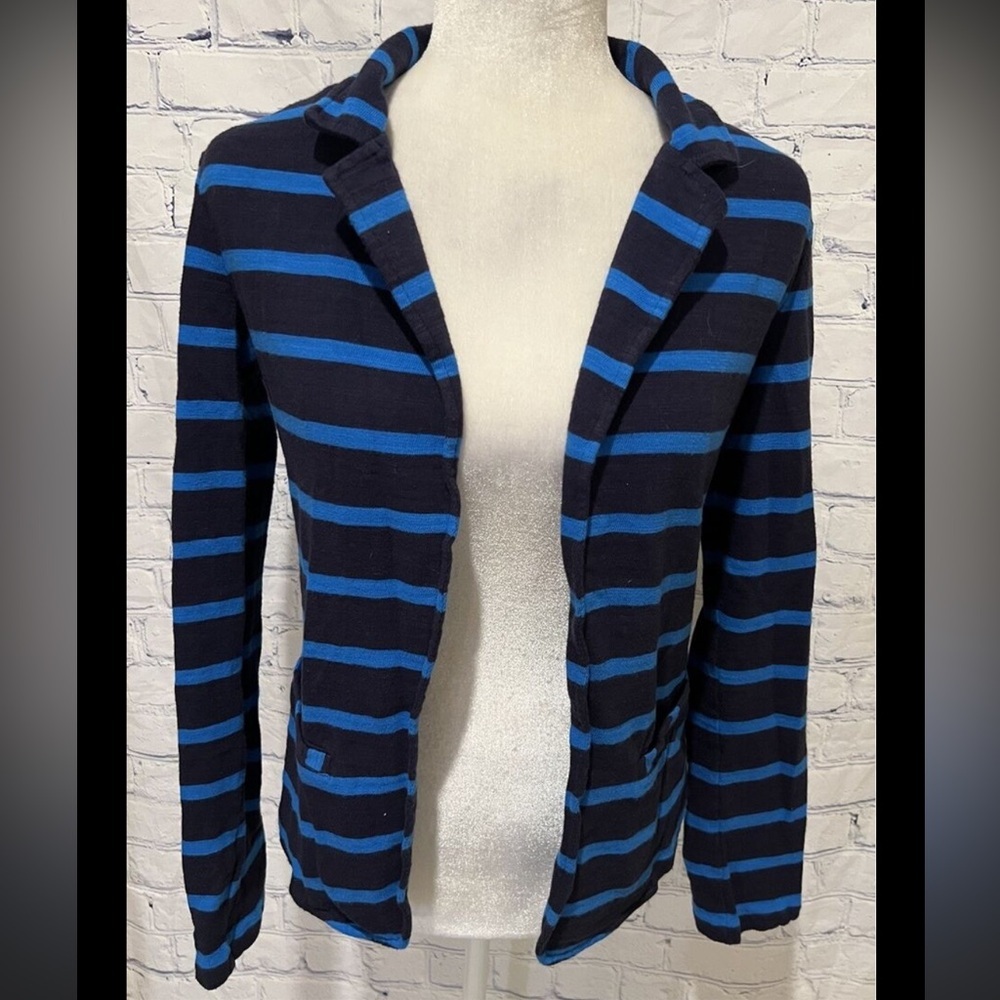 Caslon Women's Sweatshirt Cardigan Navy & Royal Blue Striped‎ Pockets Size Large
